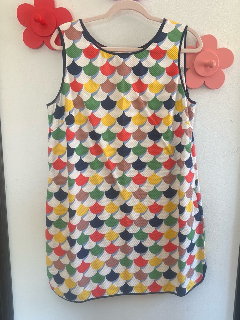 Boden Multicolor Scallop-Print Sleeveless Dress with Navy Trim